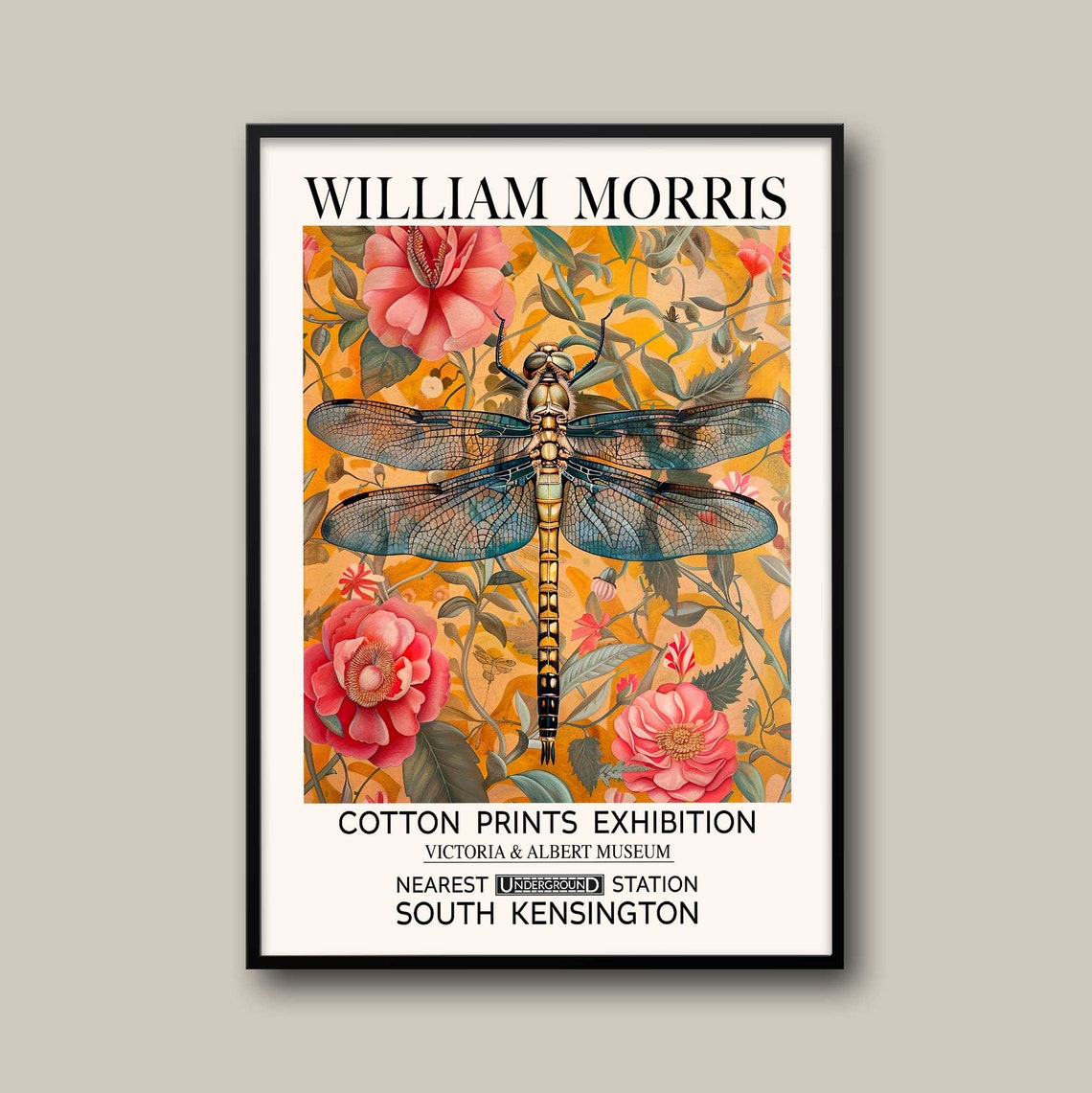 William Morris Blue Dragonfly Golden Floral Exhibition Poster