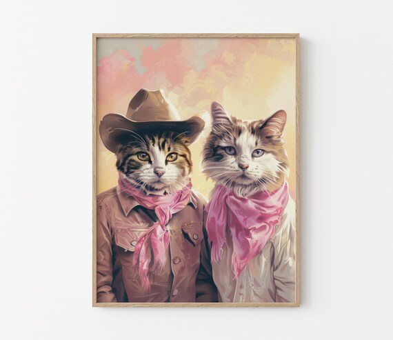 Cowboy Cats Oil Painting Poster with Tabby Pair at Golden Hour