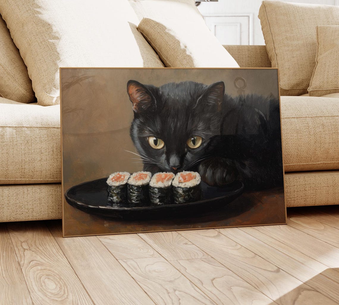 Black Cat Sushi Oil Painting Print Tokyo Art Print Oishii Cat Print Delicious Japanese Food Art Kitchen Wall Art Sushi Art Bcs5 - Image 4
