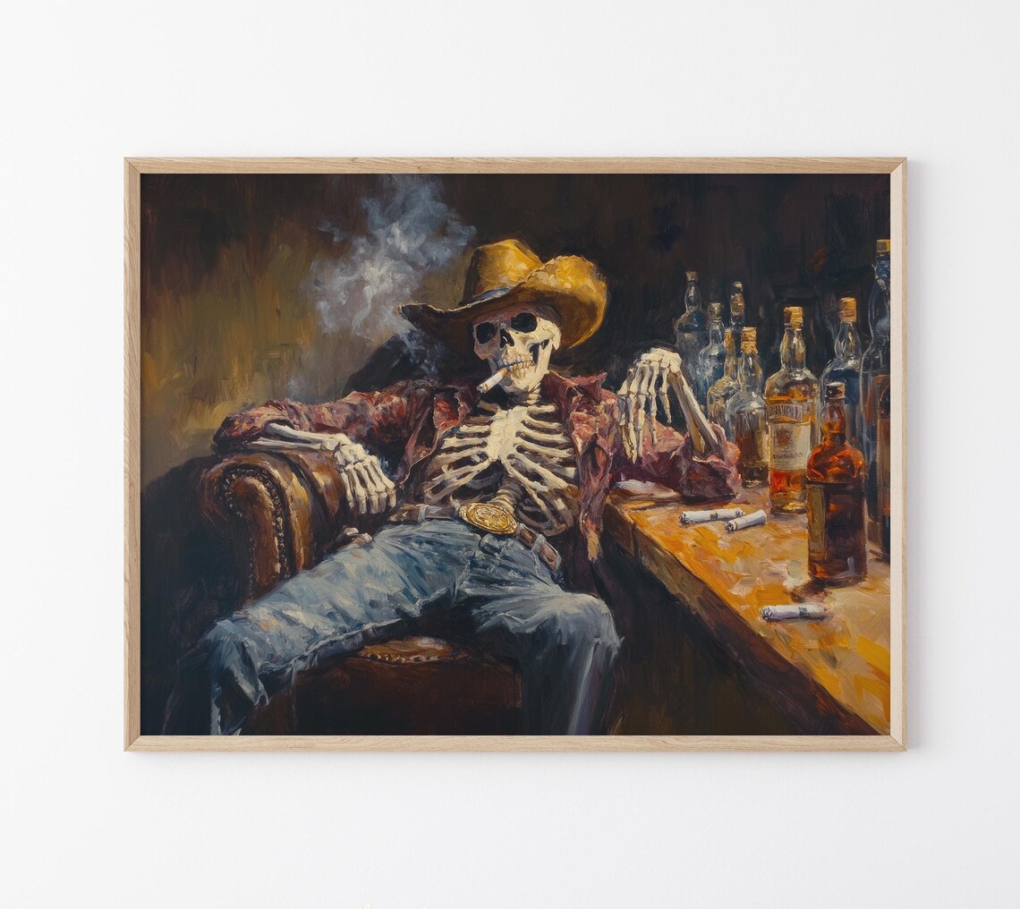 Skeleton Cowboy in a Bar Oil Painting Poster