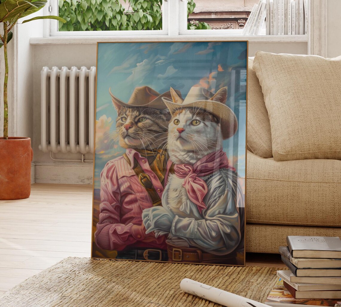 Cowboy Cats Oil Painting Poster with Pink Bandanas at Dusk Sky View - Image 4