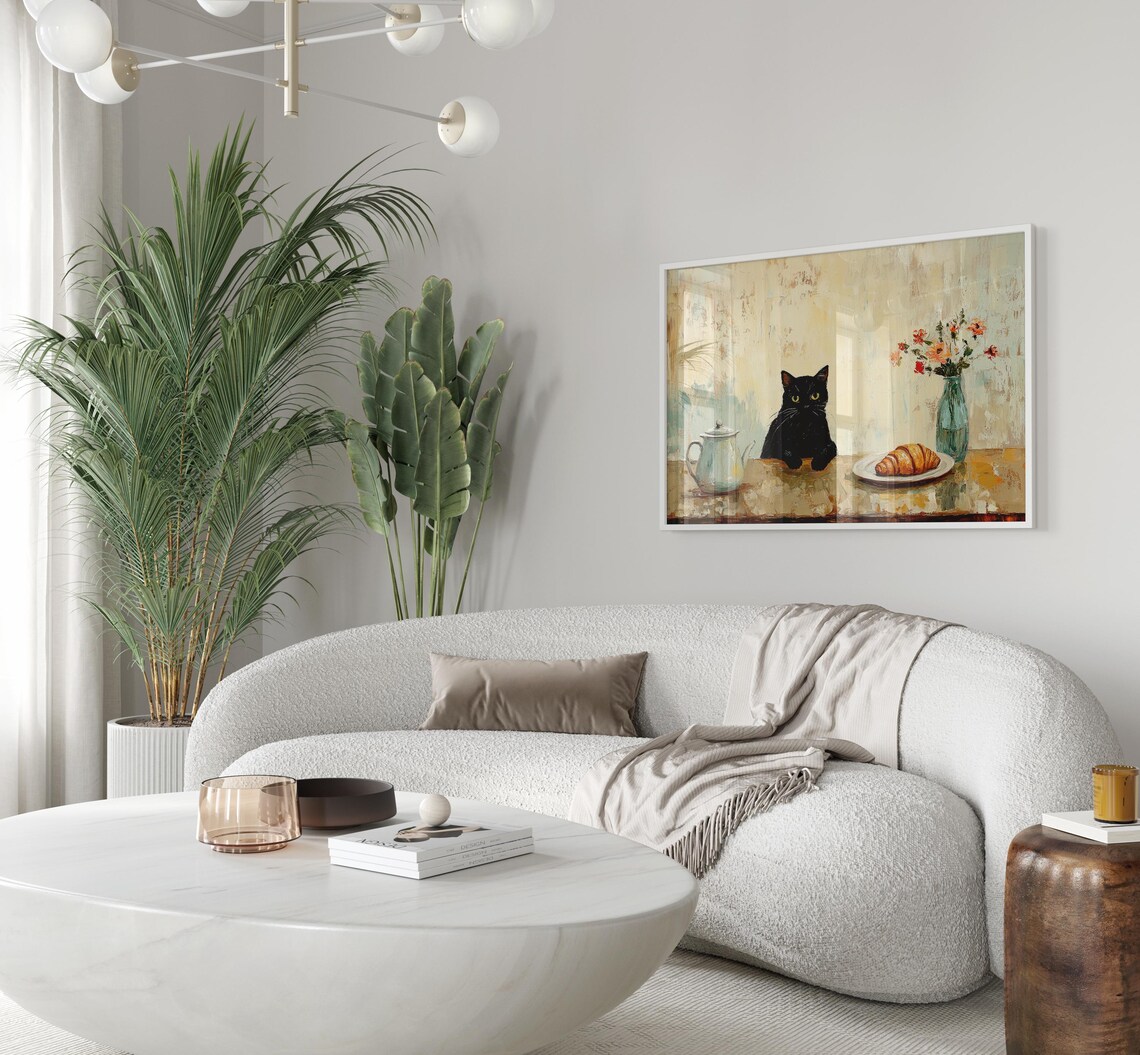 Black Cat at Rustic Wooden Table with Teapot and Croissant Print - Image 3