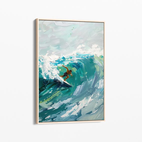 Surfing On Blue Waves Oil Painting Stretched Print Wall Art Surfing Painting Surfer Gifts Wall Art Gift Sob6