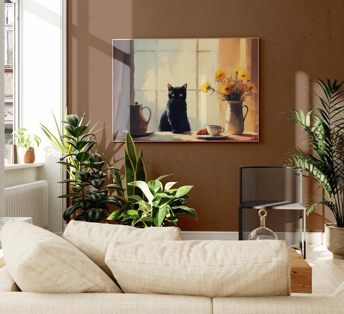 Black Cat by a Sunlit Window with Coffee Cup and Flowers Print - Image 2