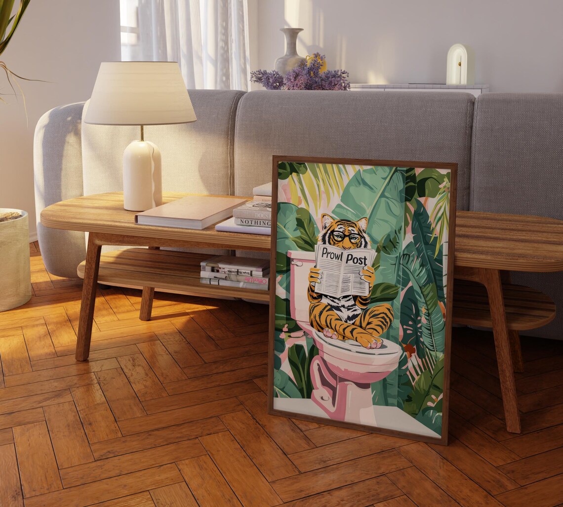 Tiger Crossed Paws Reading Prowl Post On Toilet Jungle Funny Poster - Image 2
