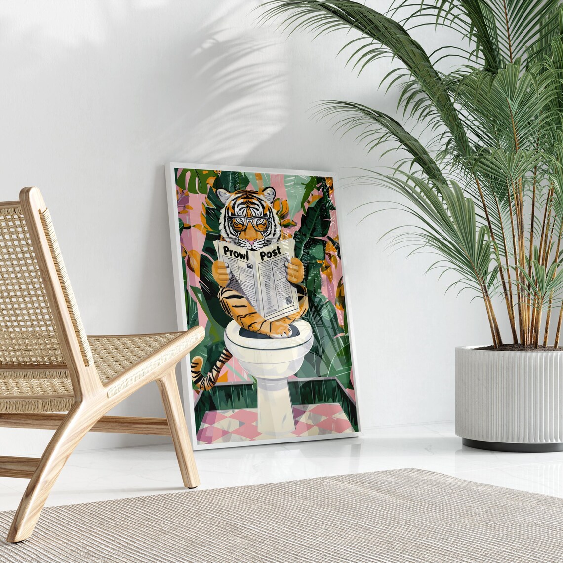 Tiger Black Glasses Prowl Post Toilet Pink Tiled Floor Funny Poster - Image 3