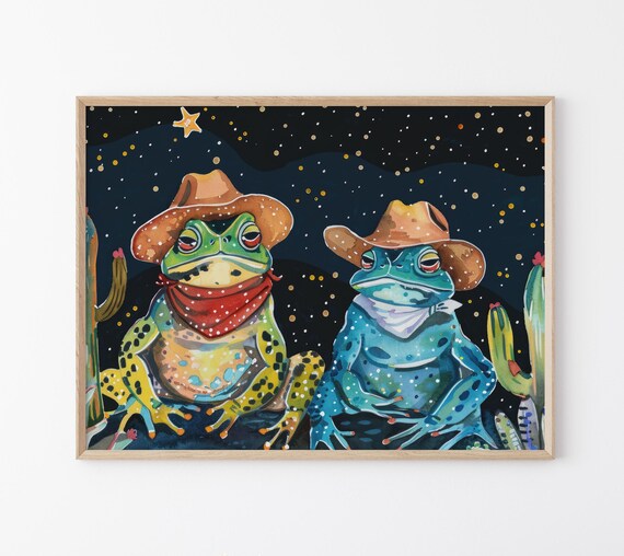 Cowboy Frogs Oil Painting Poster with Spotted Frogs and Stars
