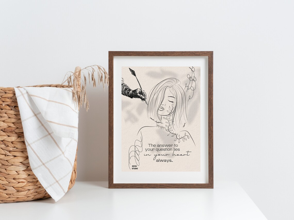 The Answer Lies In Your Heart Poster Eclectic Wall Art Inspirational Woman Line Boho Decor
