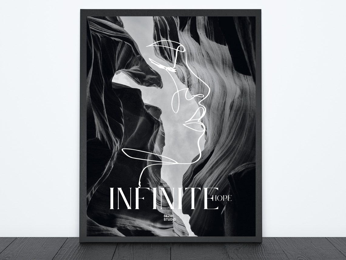 Infinite Hope Black White Canyon Line Art Minimalist Nature Poster