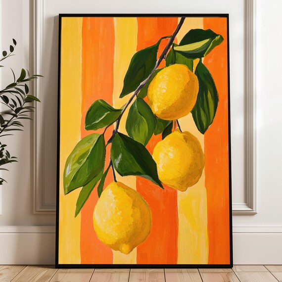 Fresh Lemons On Striped Orange Background Mediterranean Wall Decor Poster