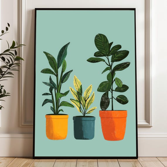 Scandinavian Nature Wall Art Hallway Green Plant Illustration Fresh Design Yellow Turquoise Modern Decor Bedroom Office