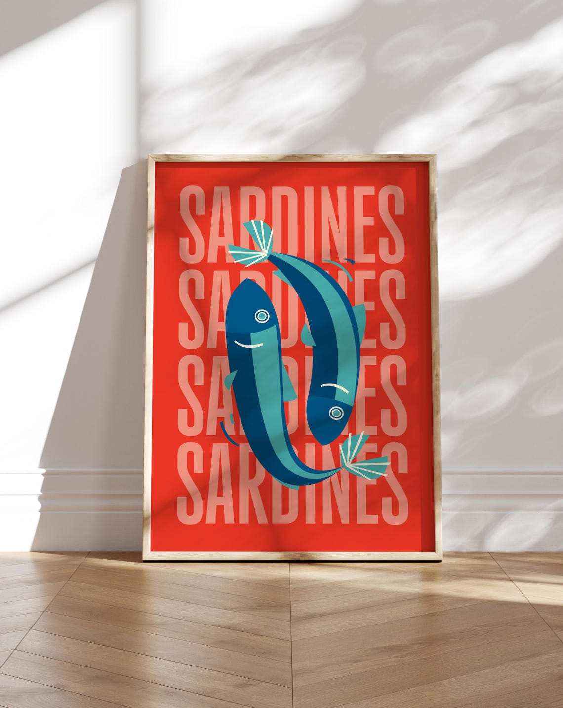 Red Sardines Retro Typography Seafood Kitchen Decor Wall Art
