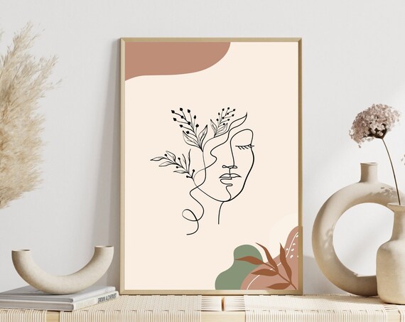 Boho Minimalist Line Art Woman Face Botanical Abstract Decor Print