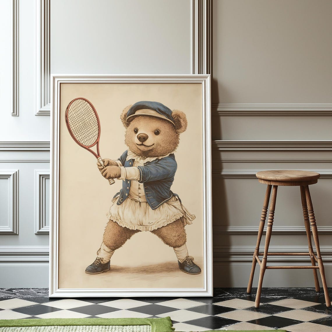 Vintage Style Tennis Bear, Grandmillennial Decor Art Print