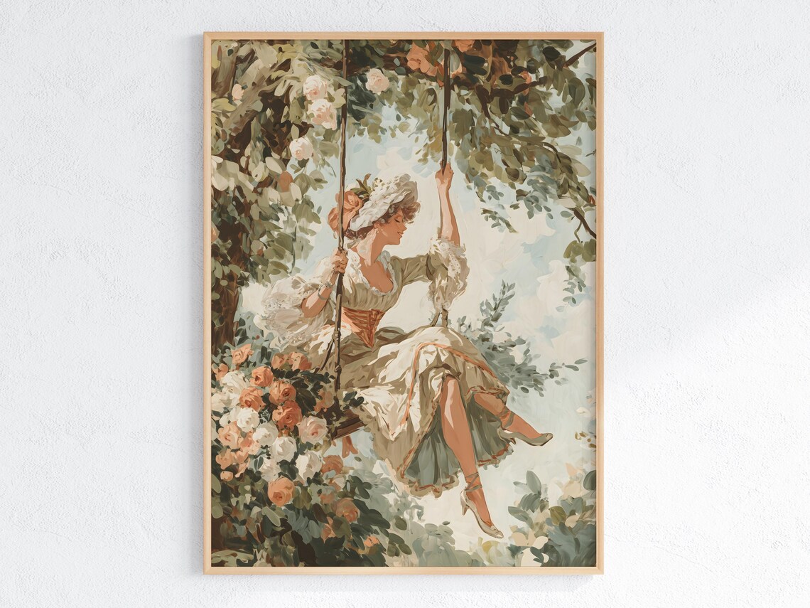 Delicate Woman On Swing, Rococo Garden Romance