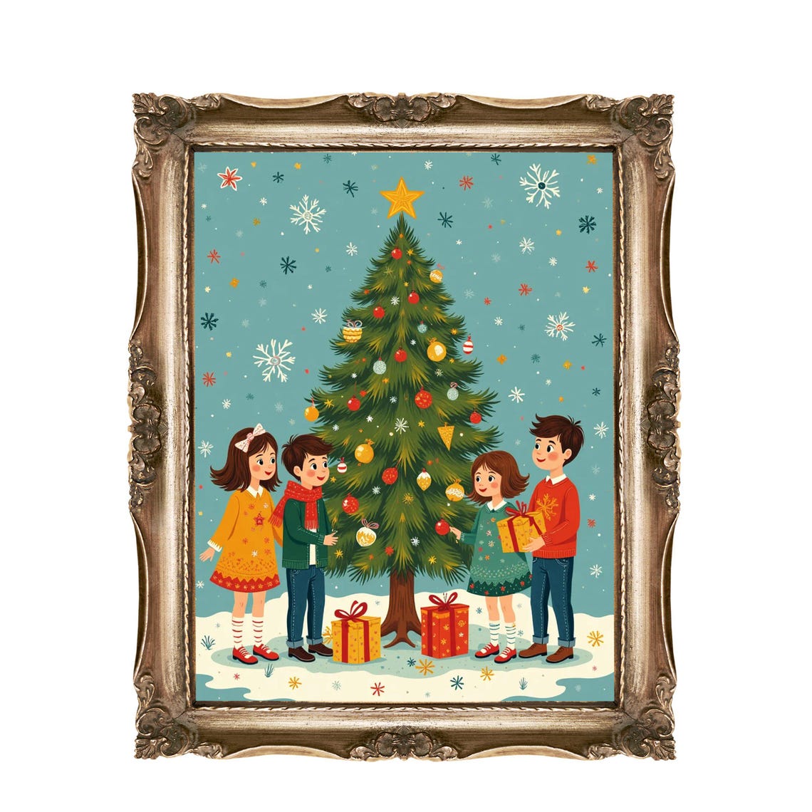 Four Kids Around Decorated Christmas Tree Retro Holiday Wall Art