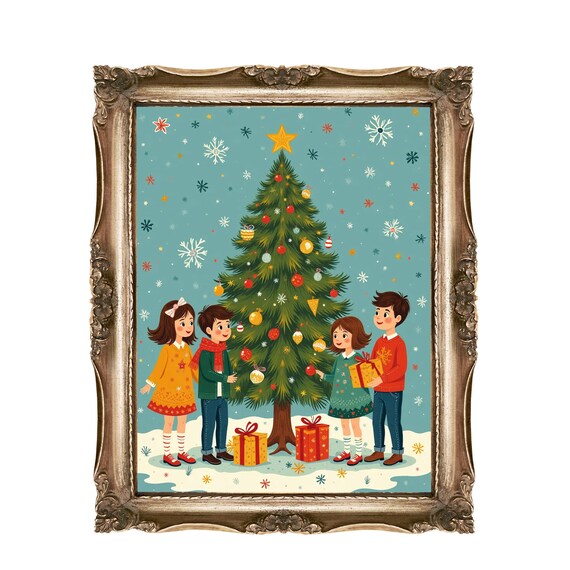Four Kids Around Decorated Christmas Tree Retro Holiday Wall Art