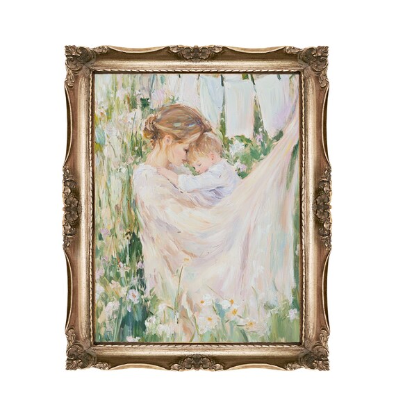 Mother Child Wall Art Gentle Embrace Nursery Decor Soft Pastel Painting Motherhood