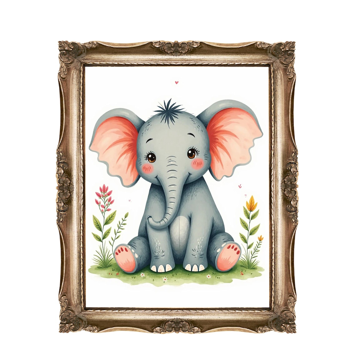 Adorable Baby Elephant Pink Ears Watercolor Nursery Wall Art