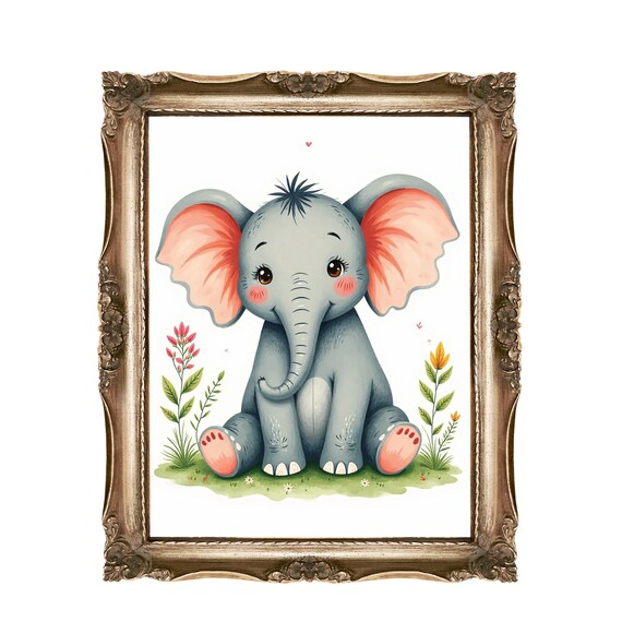 Adorable Baby Elephant Pink Ears Watercolor Nursery Wall Art