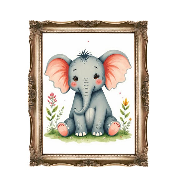 Cute Elephant Wall Art Nursery Decor Kids Room Baby Animals Playroom Instant