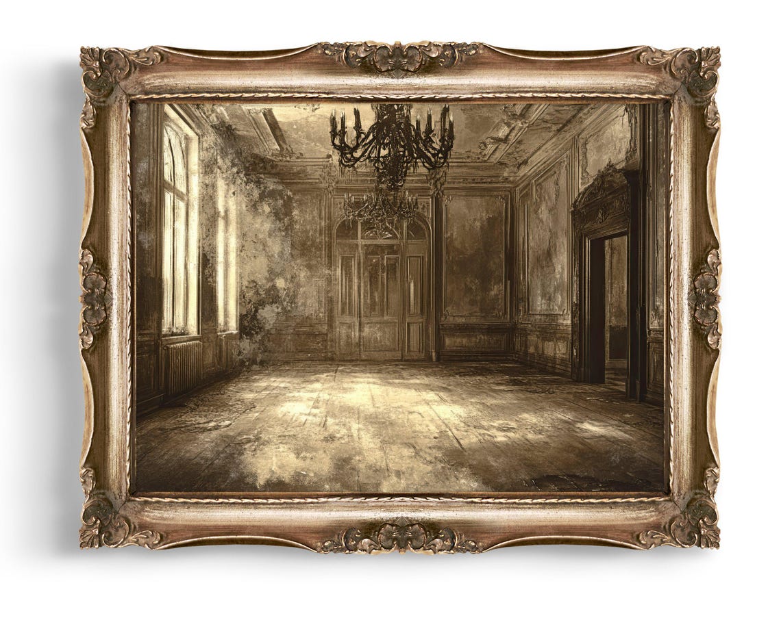 Victorian Ballroom Abandoned Sepia Interior Chandelier Vintage Poster