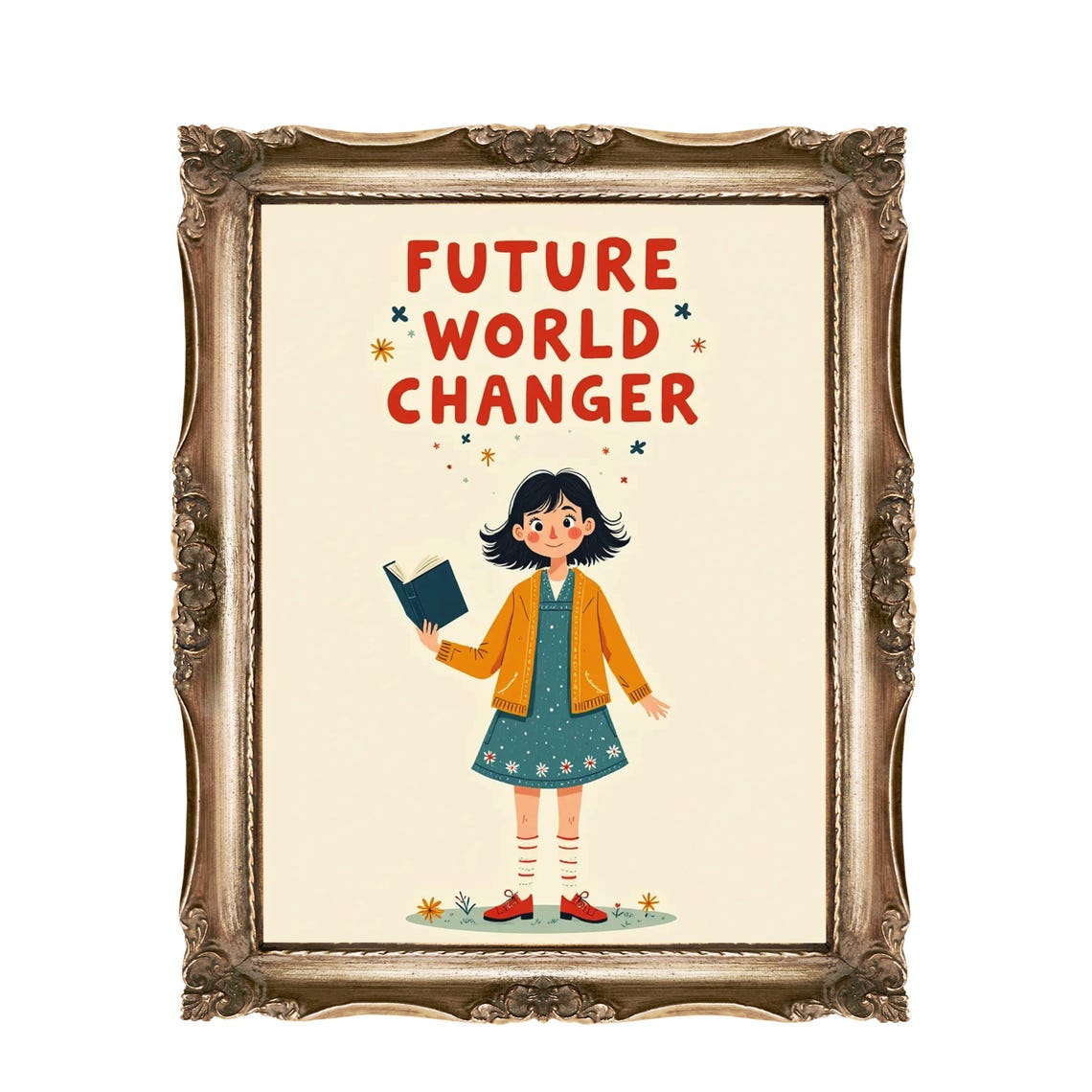 Future World Changer Girl Reading Book Inspirational Kids Room Poster