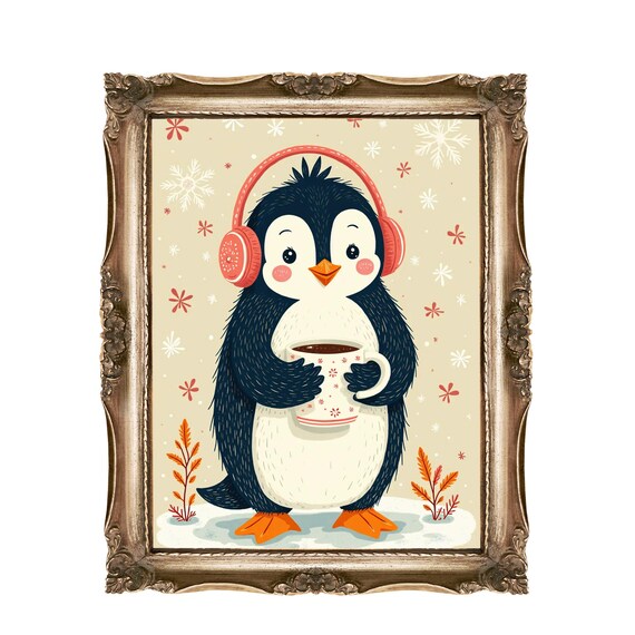 Penguin With Headphones and Hot Cocoa Cute Winter Nursery Poster