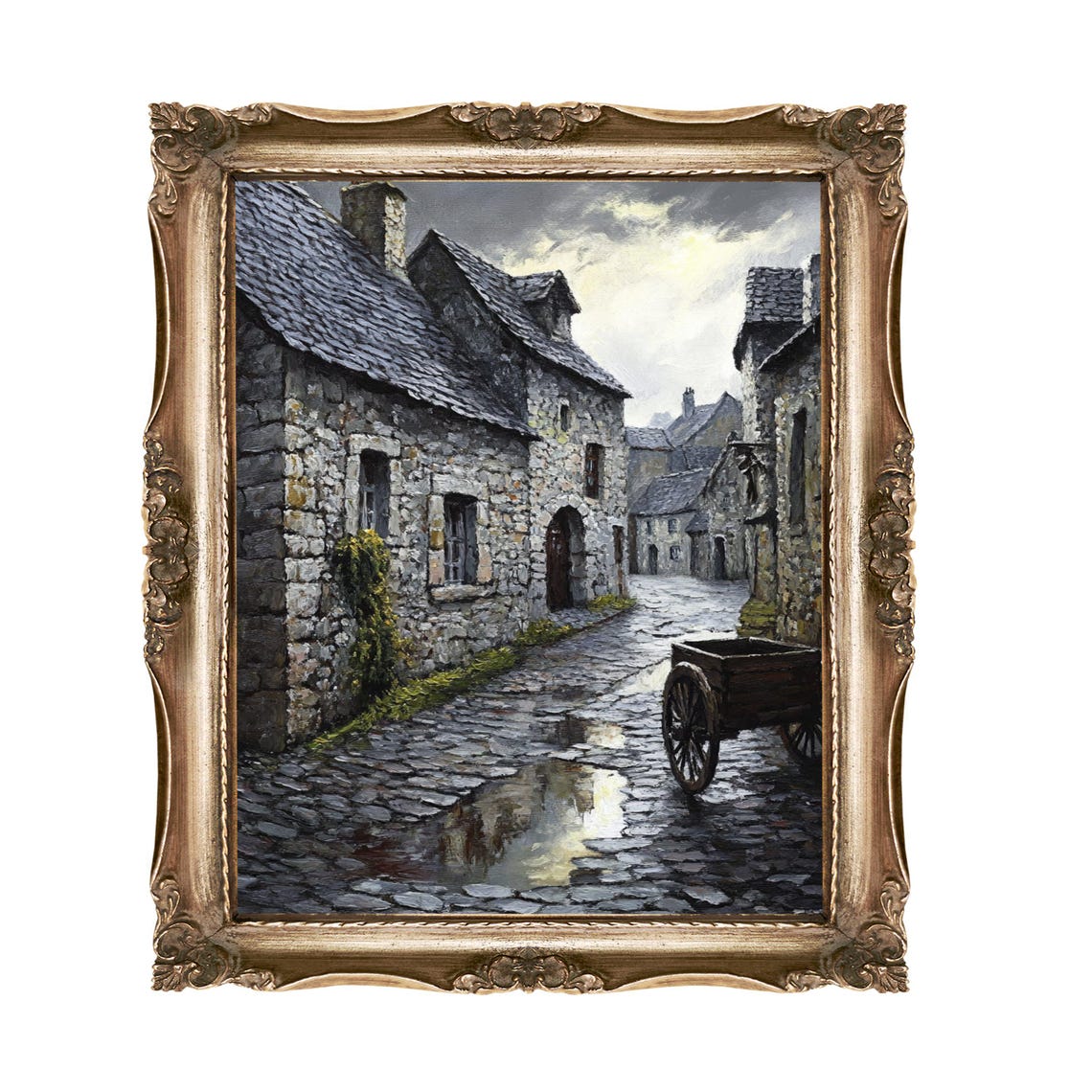 Old Stone Village Cobbled Street After Rain Oil Painting Poster