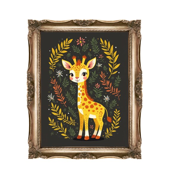 Baby Giraffe Nursery Art Dark Botanical Animal Kids Room Print