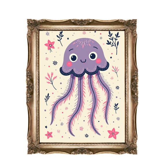 Jellyfish Nursery Wall Art Kids Room Decor Ocean Animals Sea Life Cute Animal Print Under The Purple