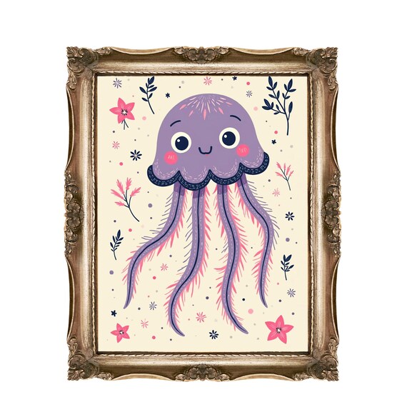 Smiling Purple Jellyfish Nursery Illustration Cute Sea Life Wall Art