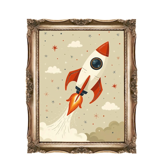 Red Retro Rocket Ship Space Adventure Kids Room Nursery Wall Print