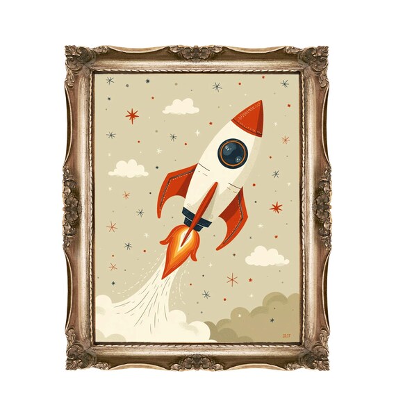 Rocket Ship Wall Art For Kids Nursery Decor Space Theme Room Outer Childrens