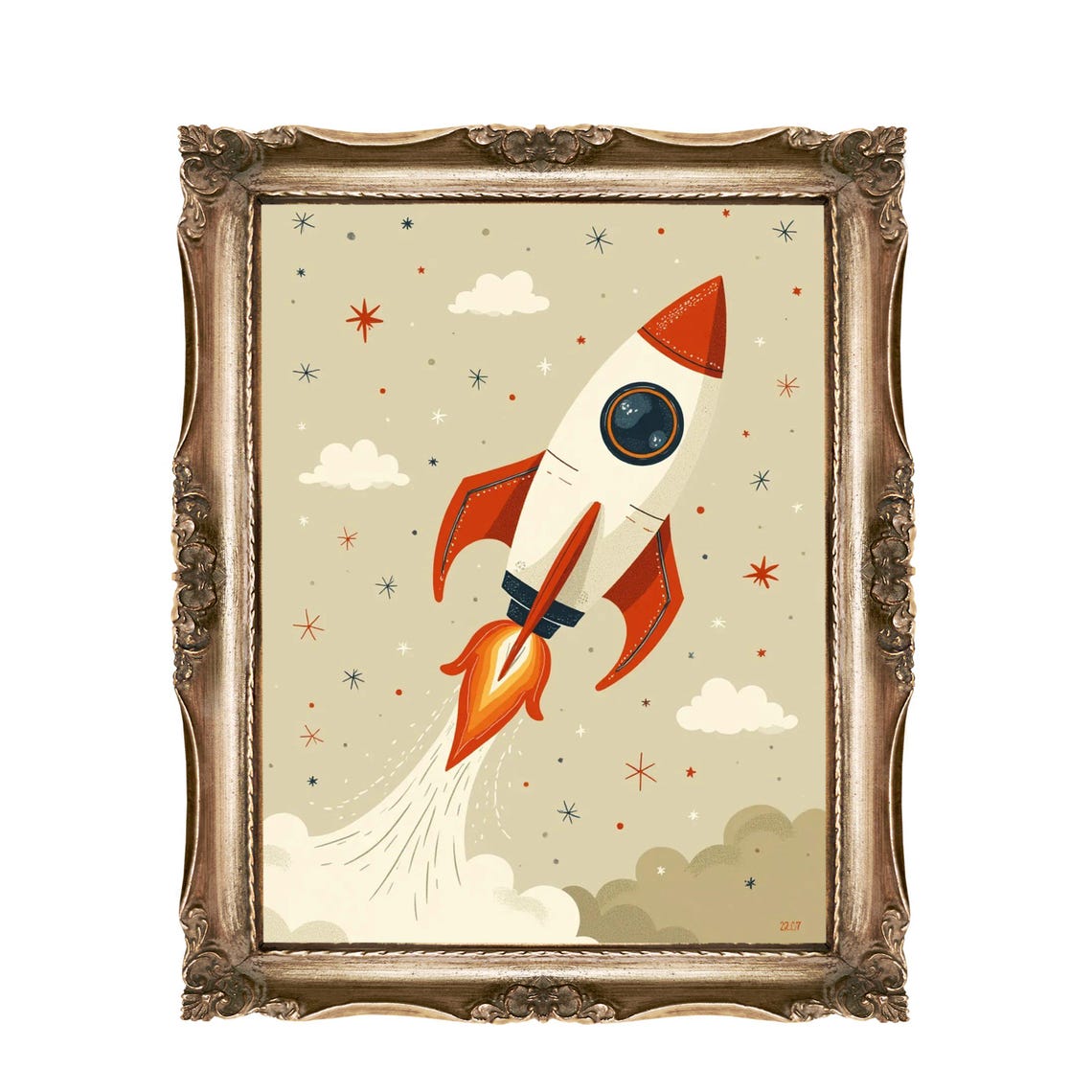 Red Retro Rocket Ship Space Adventure Kids Room Nursery Wall Print