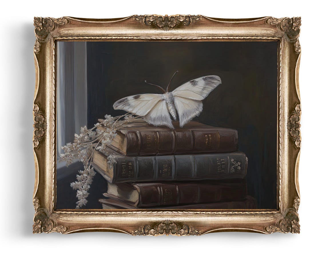 White Moth on Antique Books Dark Academia Vintage Gothic Poster