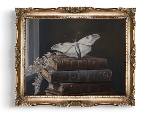 White Moth on Antique Books Dark Academia Vintage Gothic Poster