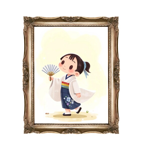 Japanese Girl Wall Art Kimono Print Asian Kid Decor Nursery Instant Home Kawaii