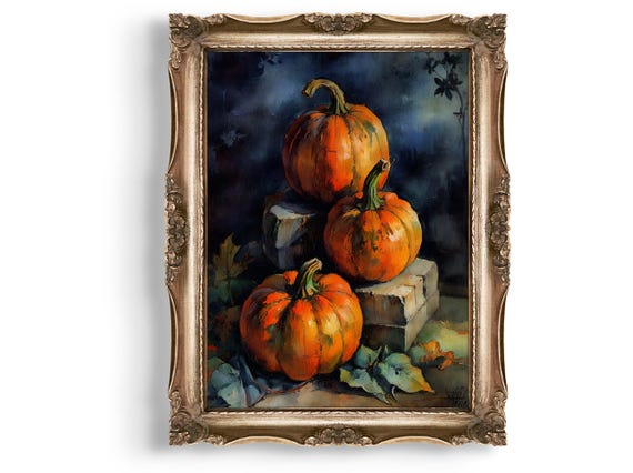 Pumpkin Wall Art Fall Decor Autumn Harvest Thanksgiving Painting Vintage Style Artwork Halloween
