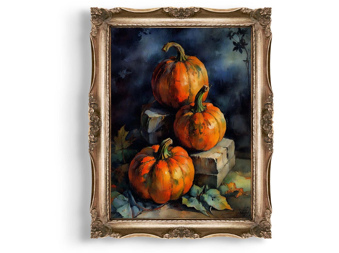 Three Orange Pumpkins Vintage Oil Painting Fall Harvest Wall Art