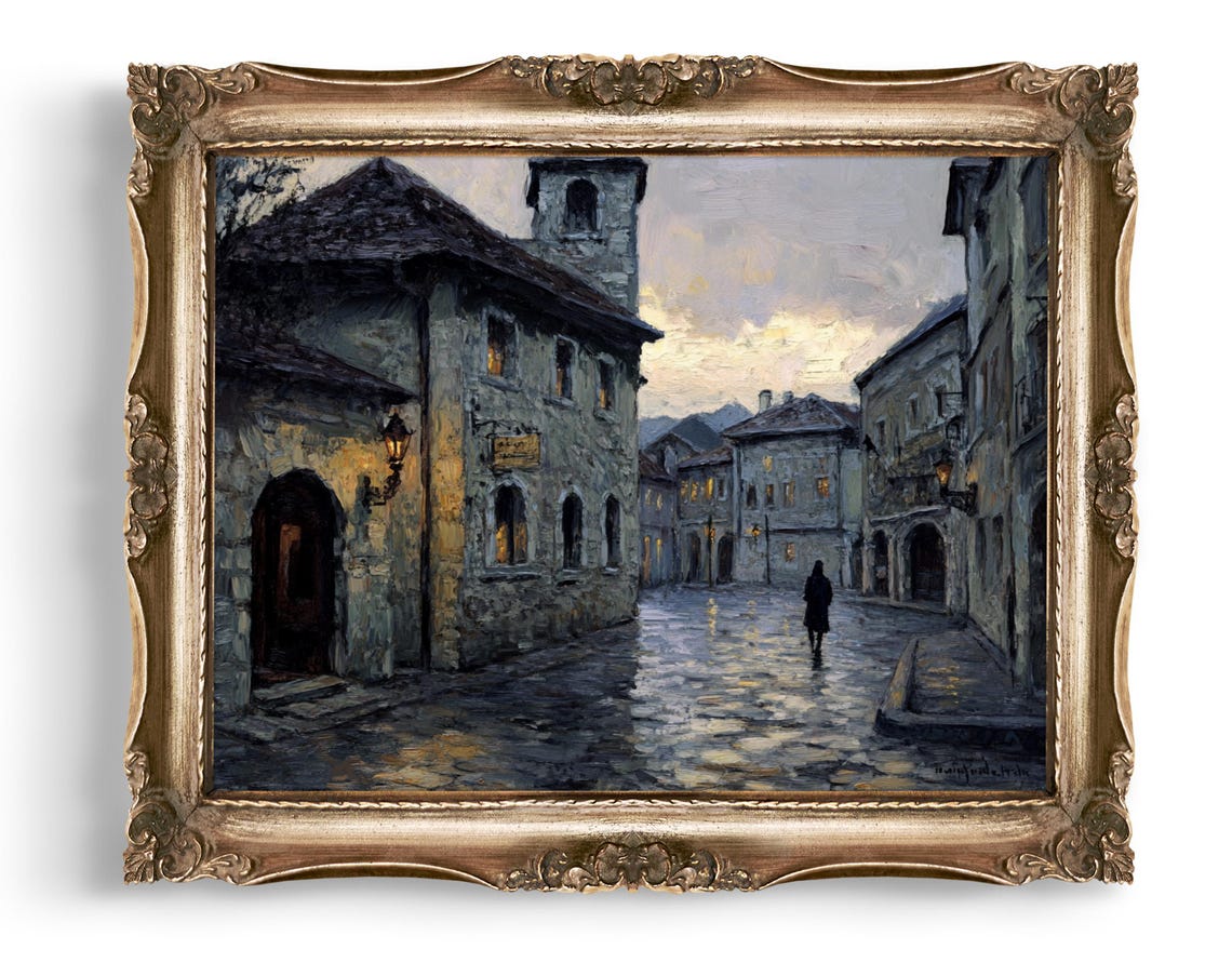 Old Town Cobblestone Street at Dusk Glowing Lantern Wall Art