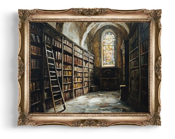 Grand Old Library Interior with a Glowing Stained Glass Window Poster
