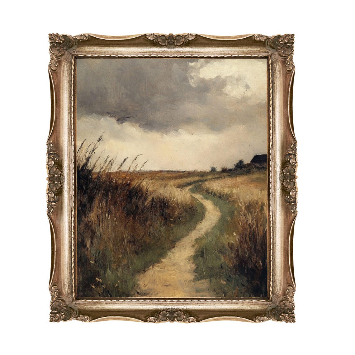 Dirt Path through a Windswept Wheat Field Moody Sky Art Print