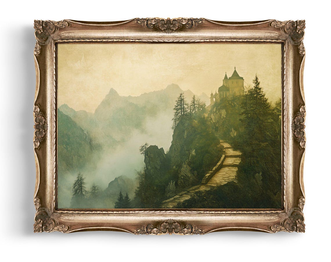 Misty Mountain Monastery Castle Fairytale Scenic Landscape Print