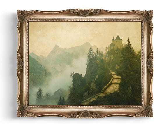 Castle Wall Art Monastery Misty Mountain Fortress Fantasy Landscape Print Scenic Home Decor Nature