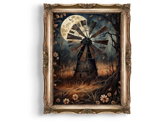 Windmill Wall Art Moody Landscape Print Full Moon Rustic Farmhouse Decor Gothic Illustration