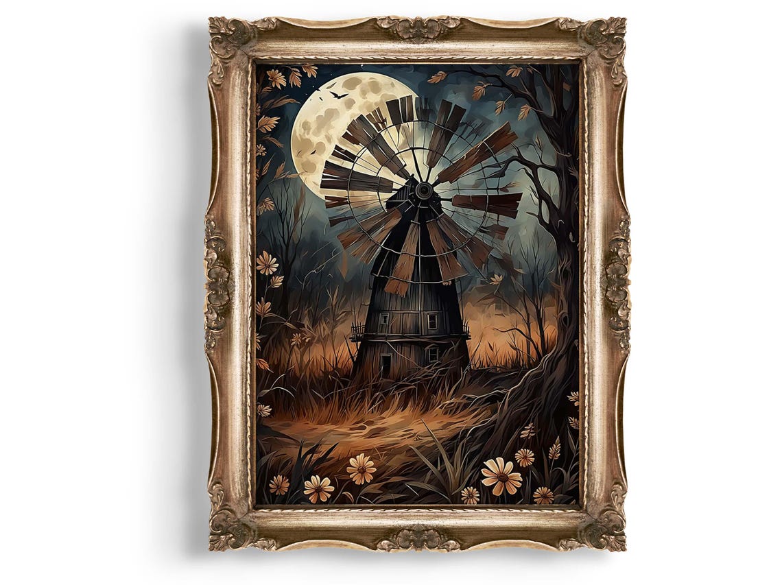 Windmill Wall Art Moody Landscape Print Full Moon Rustic Farmhouse Decor Gothic Illustration