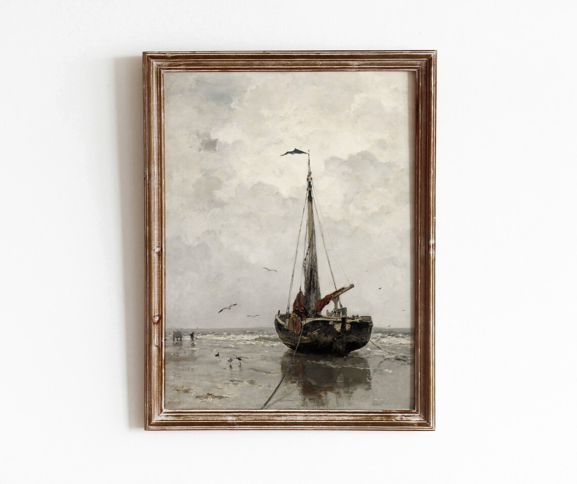 Beached Fishing Boat Vintage Nautical Ocean Art