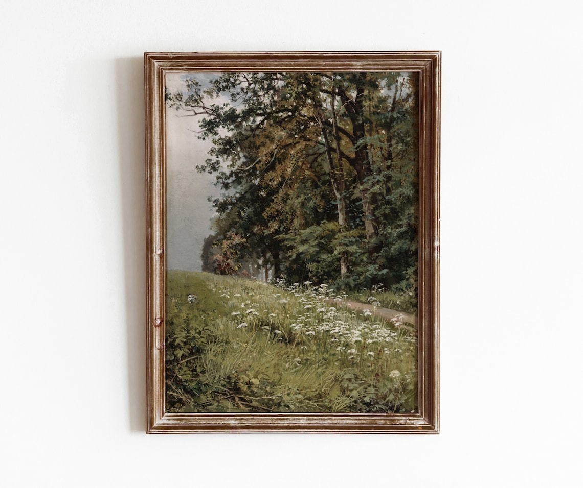 Flower Field Near Woods Vintage Nature Art Print