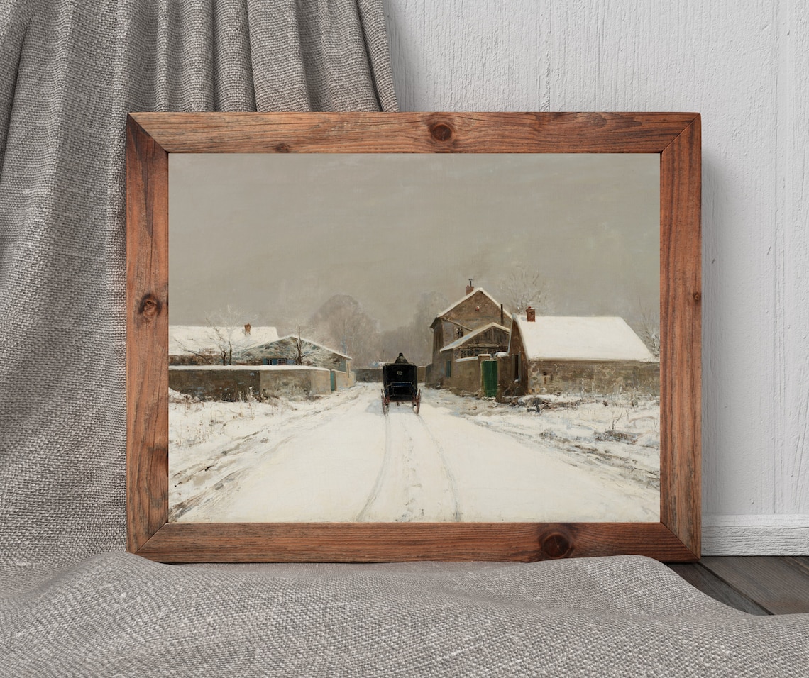 Winter Carriage Landscape Vintage Snowy Village Art Print - Image 2